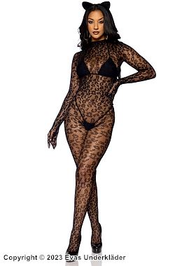 Sexy Bodystocking, Netz, ohne Nähte, lange Ärmel, Leopard